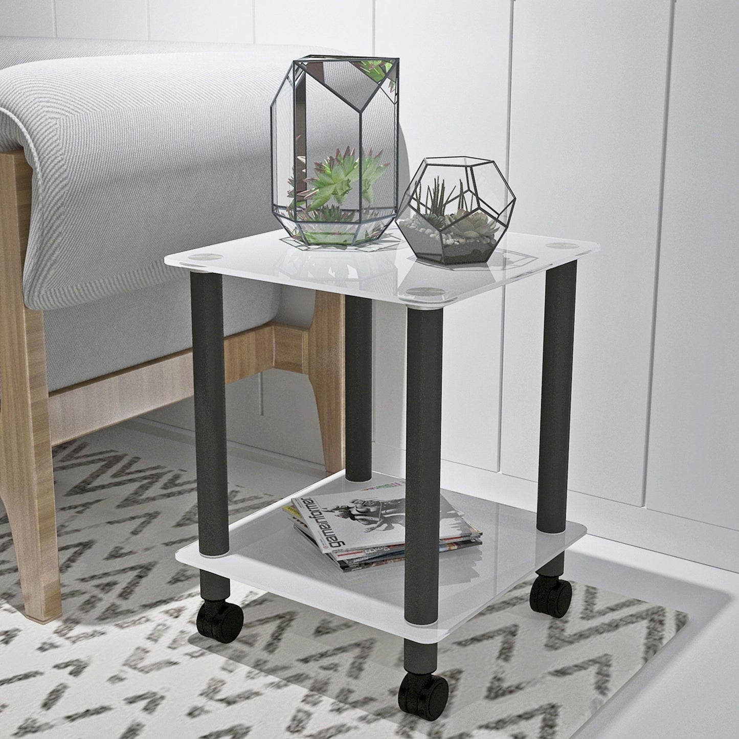 Side Table, 2 Tier Space End Table, Modern Night Stand, Sofa Table, Side Table With Storage Shelve - White / Black