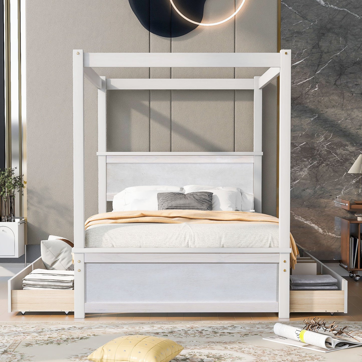 Full Size Canopy Platform Bed With 4 Drawers And Support Slats, No Box Spring Needed - Brushed White