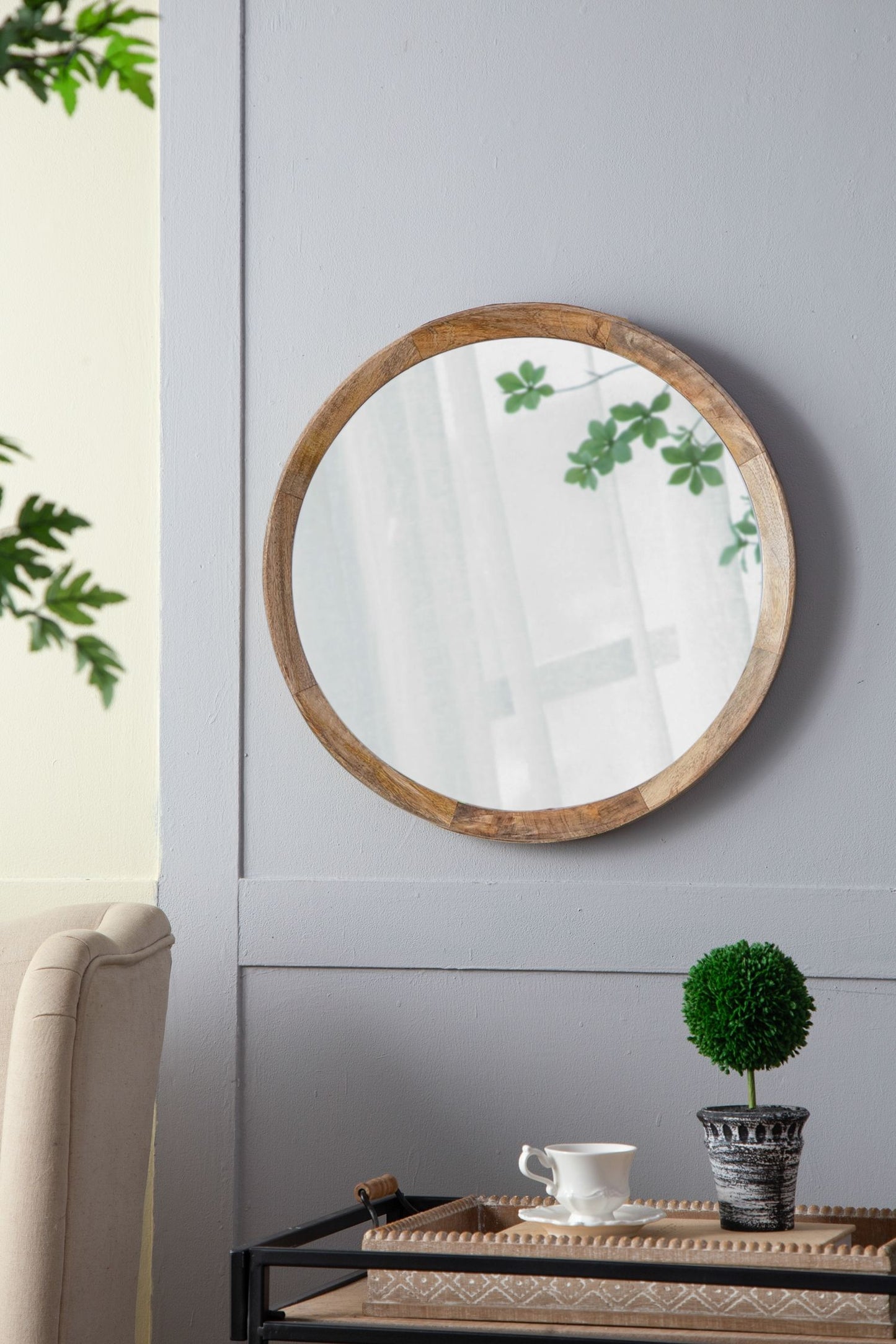 Transitional Decor Style Mango Wood Wall Mirror Wall Decor With Frame Of Solid Mango Wood For Bathroom, Entryway Console Lean Against Wall - Natural