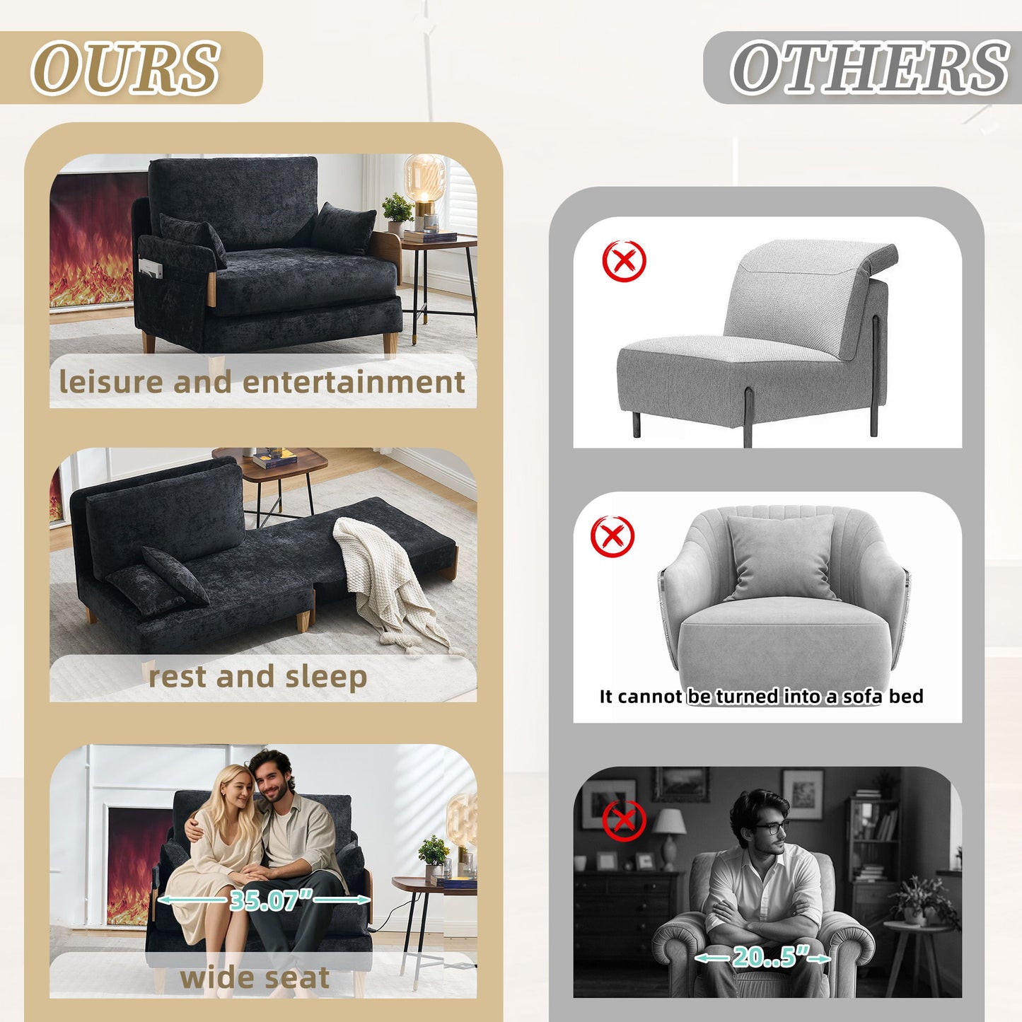Mid Century Modern Foldable Sofa Bed Recliner, 3 - 1 Convertible Sleeper With 3 Pillows For Small Spaces - Black