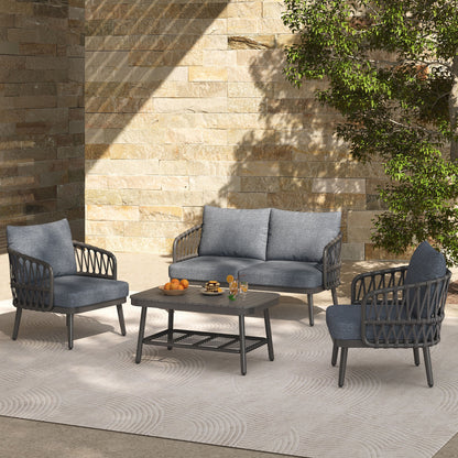 4 Piece Outdoor Patio Furniture Set, Metal Chairs With Woven Rope U Shaped Backrest, Outdoor Conversation Set With Thick Cushions And Coffee Table For Garden, Poolside, Balcony - Black / Gray