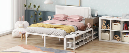 Full Size Platform Bed With 2 Tier Storage Shelves, Storage Cabinet - White