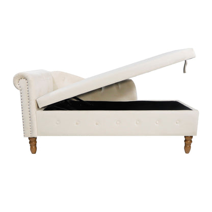 Chaise Lounge Indoor, Velvet Lounge Chair For Bedroom With Storage & Pillow, Modern Upholstered Rolled Arm Chase Lounge For Sleeping With Nailhead Trim For Living Room Bedroom Office - Beige