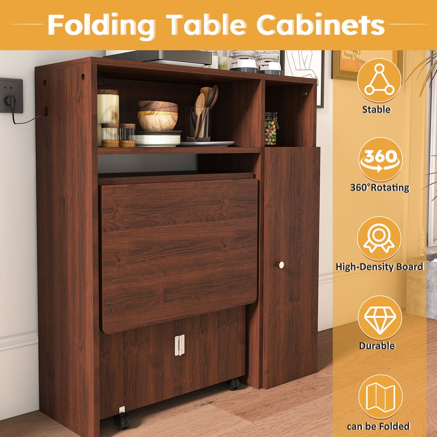 Multifunctional Folding Dining Table With Wall Mounted Sideboard & Storage - Walnut