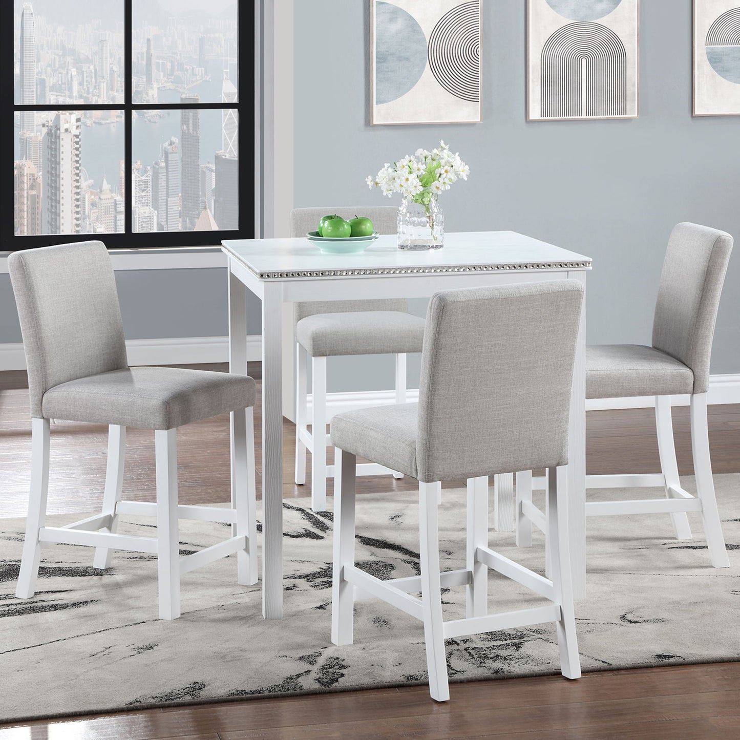 5 Piece Counter Height Table Set, Wooden Kitchen Table Set With Square Table And 4 Upholstered Chairs, Counter Height Dining Table With Crystal Decoration And Chair Set For Kitchen, Dining Room - White