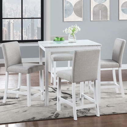 5 Piece Counter Height Table Set, Wooden Kitchen Table Set With Square Table And 4 Upholstered Chairs, Counter Height Dining Table With Crystal Decoration And Chair Set For Kitchen, Dining Room - White