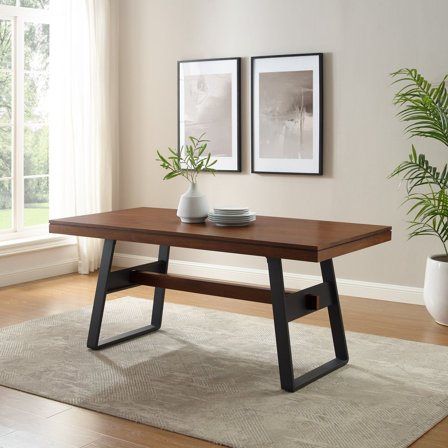 Modern Industrial Large Dining Table - Dark Walnut