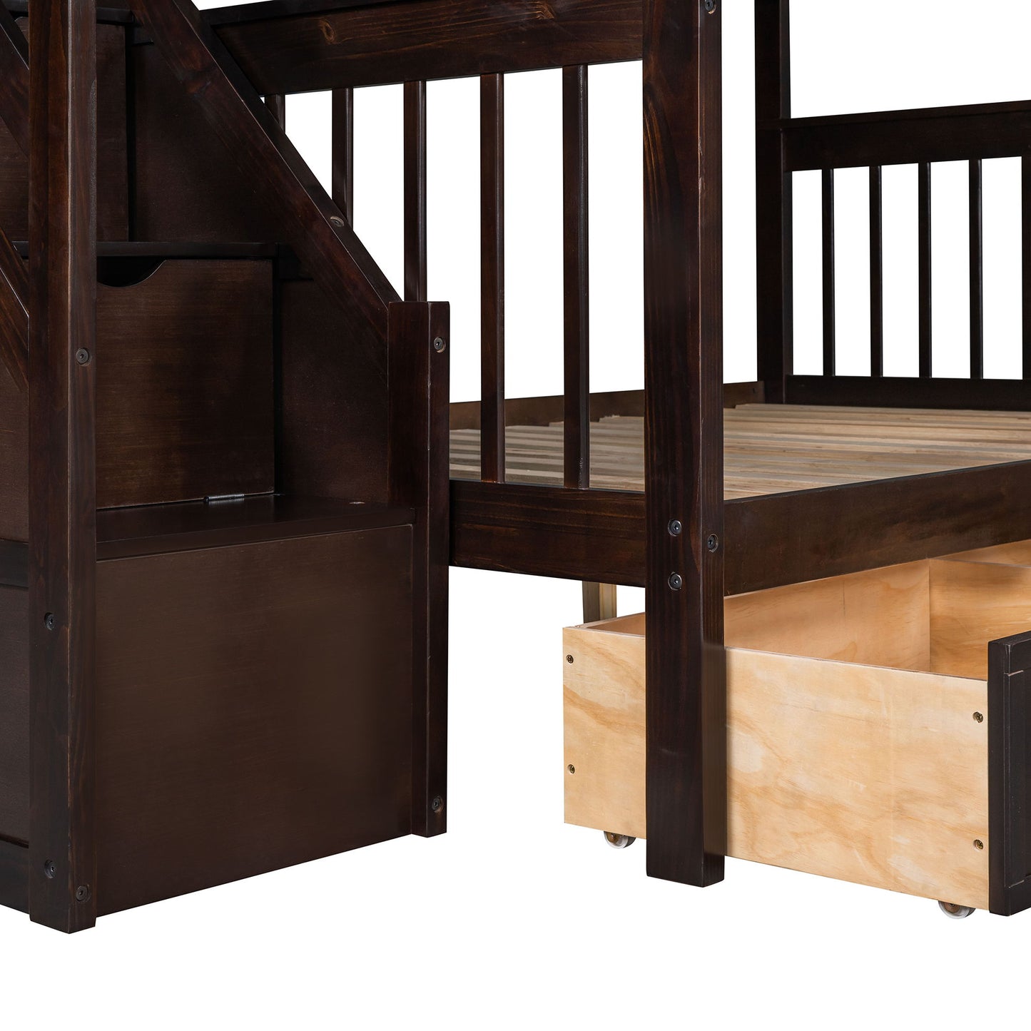 Twin Over Full L Shaped Bunk Bed With 3 Drawers, Ladder And Staircase - Espresso