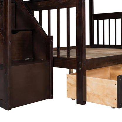 Twin Over Full L Shaped Bunk Bed With 3 Drawers, Ladder And Staircase - Espresso