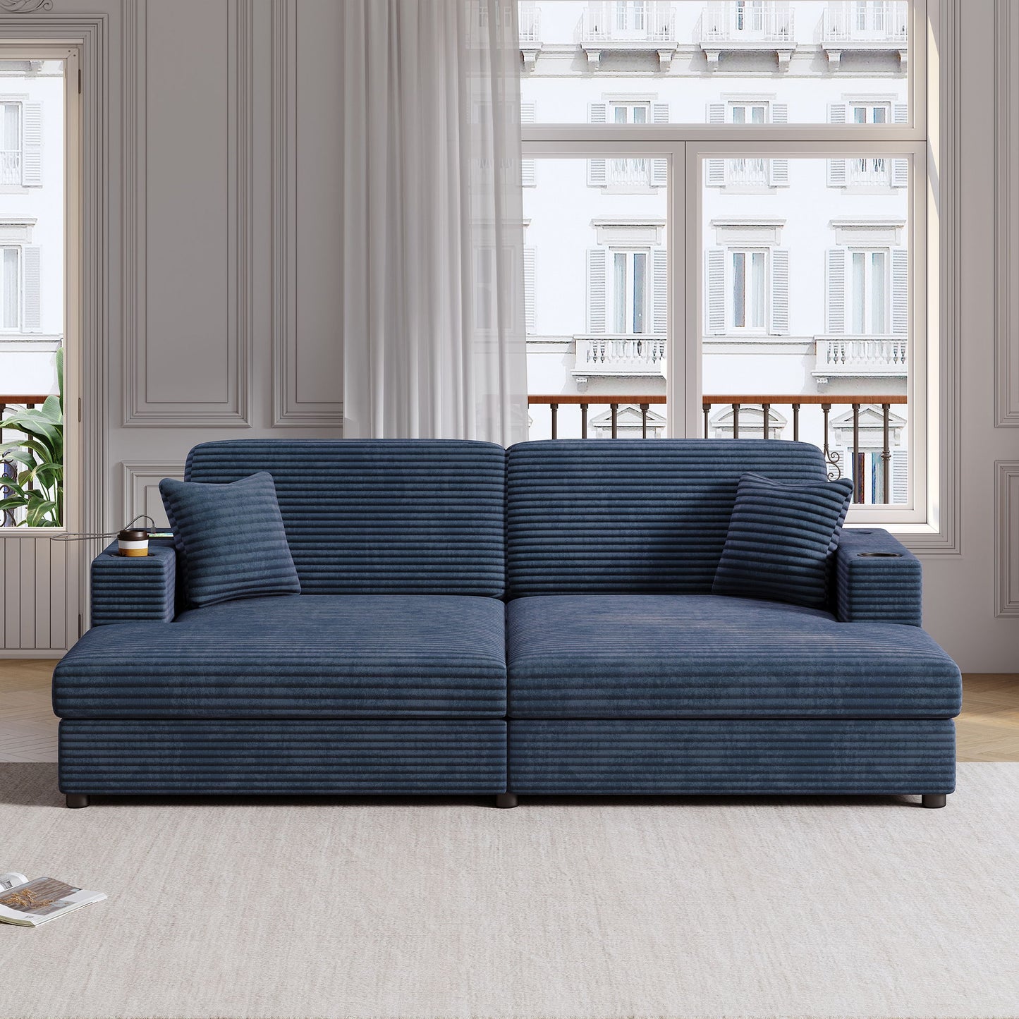 Oversized Loveseat Chaise Lounge Sectional Sofa Bed Corduroy Sleeper Sofa With 2 USB Ports, 2 Cup Holders And 2 Throw Pillows For Living Room And Bedroom - Blue