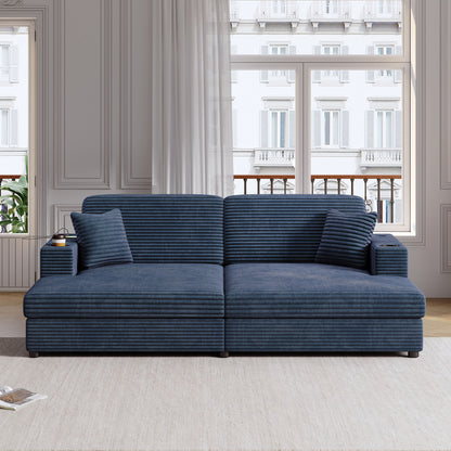 Oversized Loveseat Chaise Lounge Sectional Sofa Bed Corduroy Sleeper Sofa With 2 USB Ports, 2 Cup Holders And 2 Throw Pillows For Living Room And Bedroom - Blue