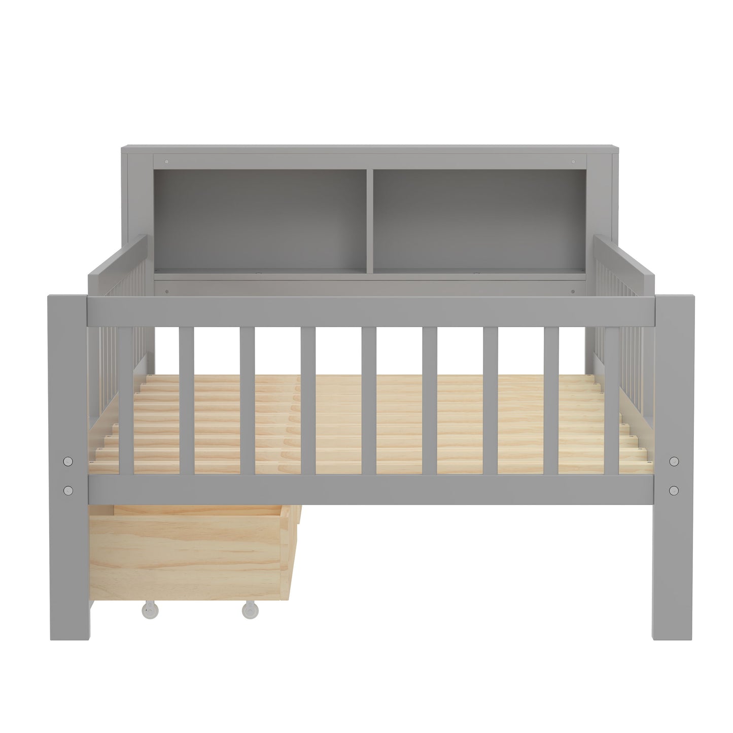 Twin Size Bed With Headboard Storage Rack, 2 Under Bed Drawers, 3 - Side Guardrails For Safety And Security - Gray