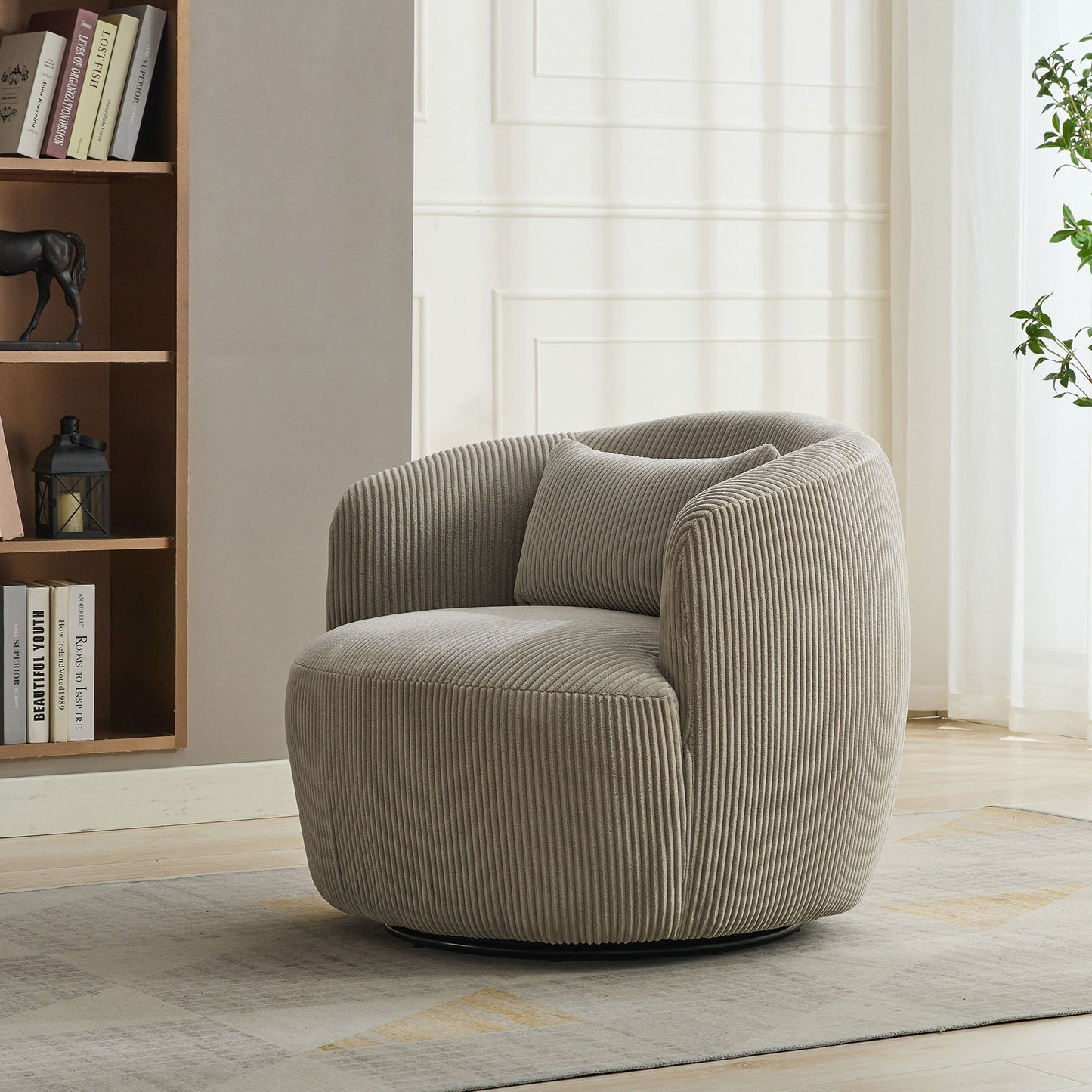 Upholstered Metal Base 360 Degree Swivel Barrel Soft Chair With Pillow, For Club, Living Room, Bedroom, Office As Well As Reading Armchair - Light Gray