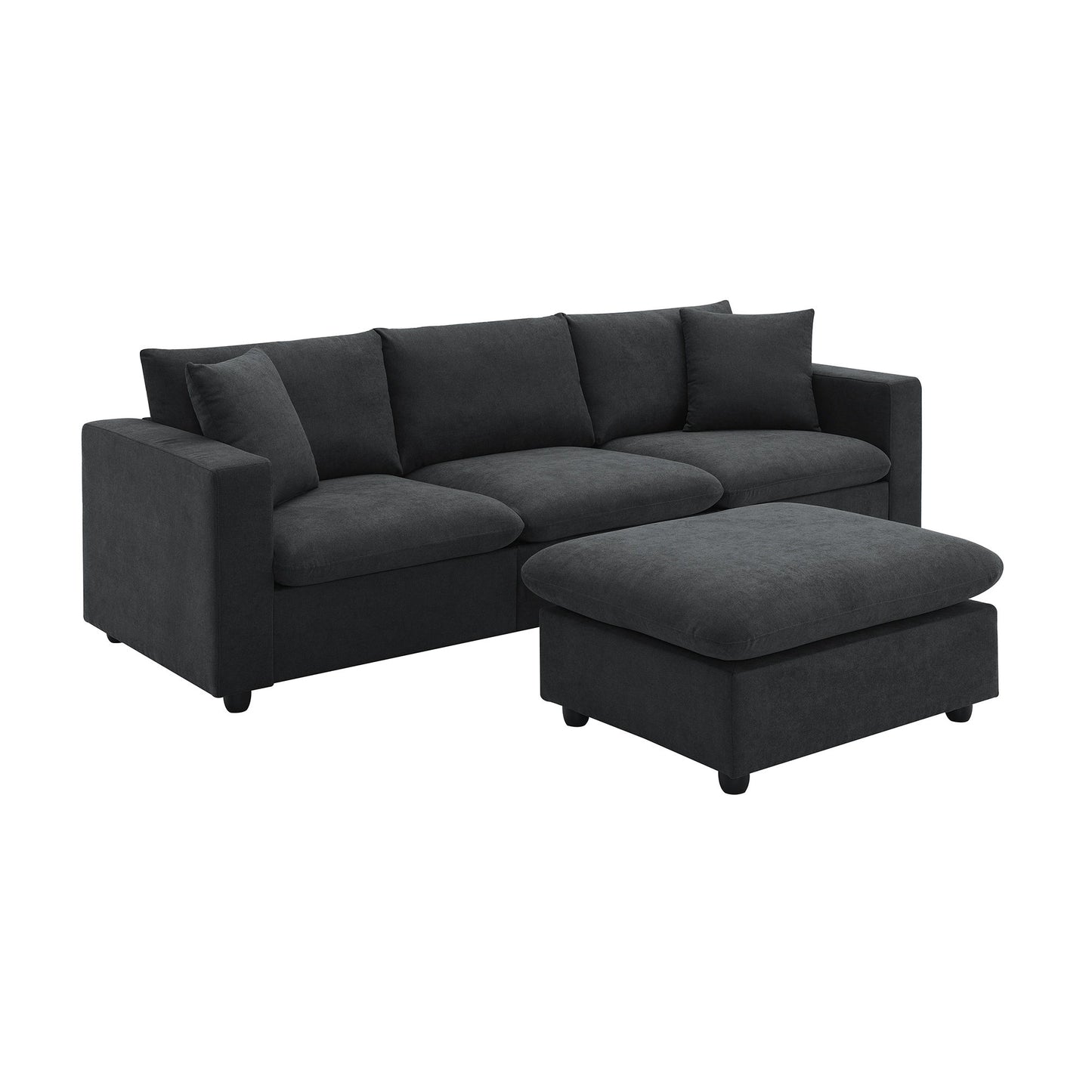 Modern Sectional Sofa, L-Shaped Couch Set With 2 Free Pillows, 4 Seat Polyester Fabric Couch Set With Convertible Ottoman - Black