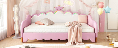 Twin Extending Daybed With LED Lights, Modern Upholstered Princess Daybed With Crown Headboard - Pink