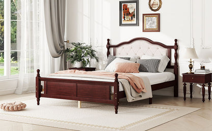 Queen Pine Wooden Bed With Upholstered Headboard And Panel Footboard, With Two Bed Rail Support Feet And Central Platform Support Feet, Classic - Cherry