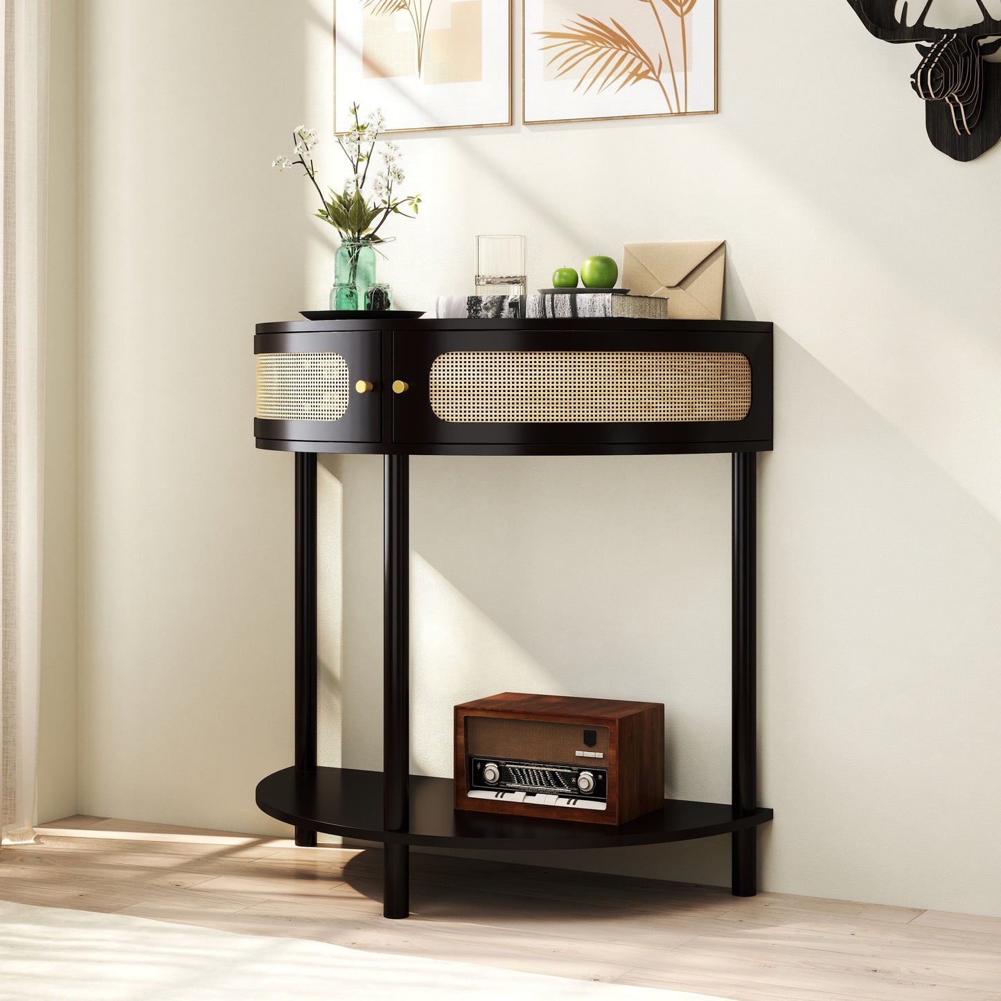 Boho Rattan Semi Circle End Table With Sliding Door, Elegant Wood Accent Table With Storage And Bottom Shelf - Black