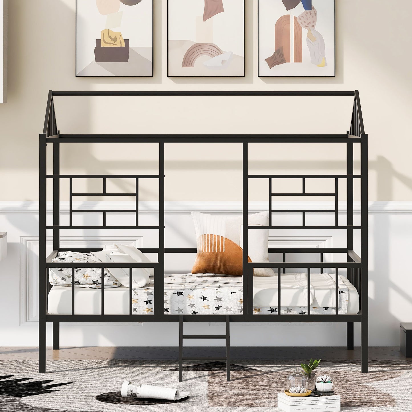House Bed Frame Twin Size With Slatted Support No Box Spring Needed - Black
