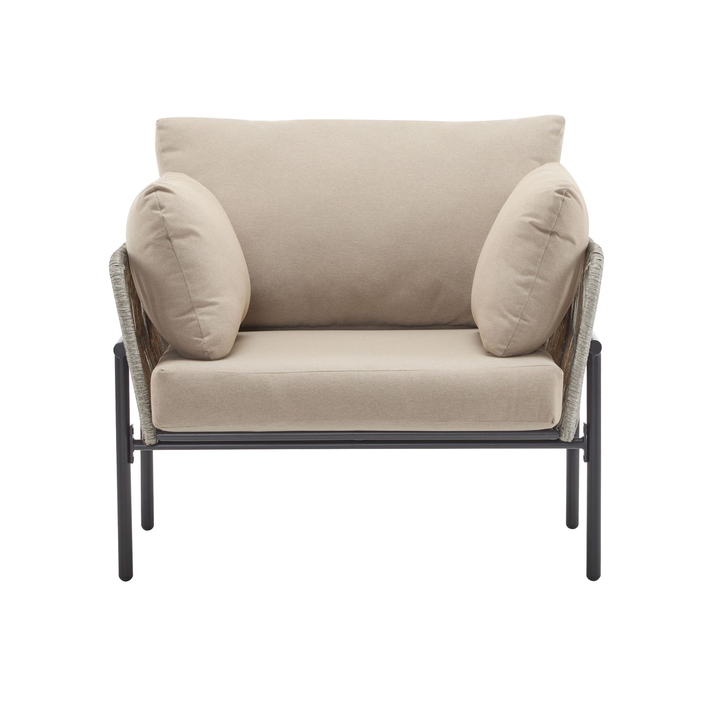 Modern Iron Lounge Chair With Rope Weave And Plush Cushions For Indoor / Outdoor Relaxation - Beige / Gray