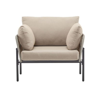 Modern Iron Lounge Chair With Rope Weave And Plush Cushions For Indoor / Outdoor Relaxation - Beige / Gray