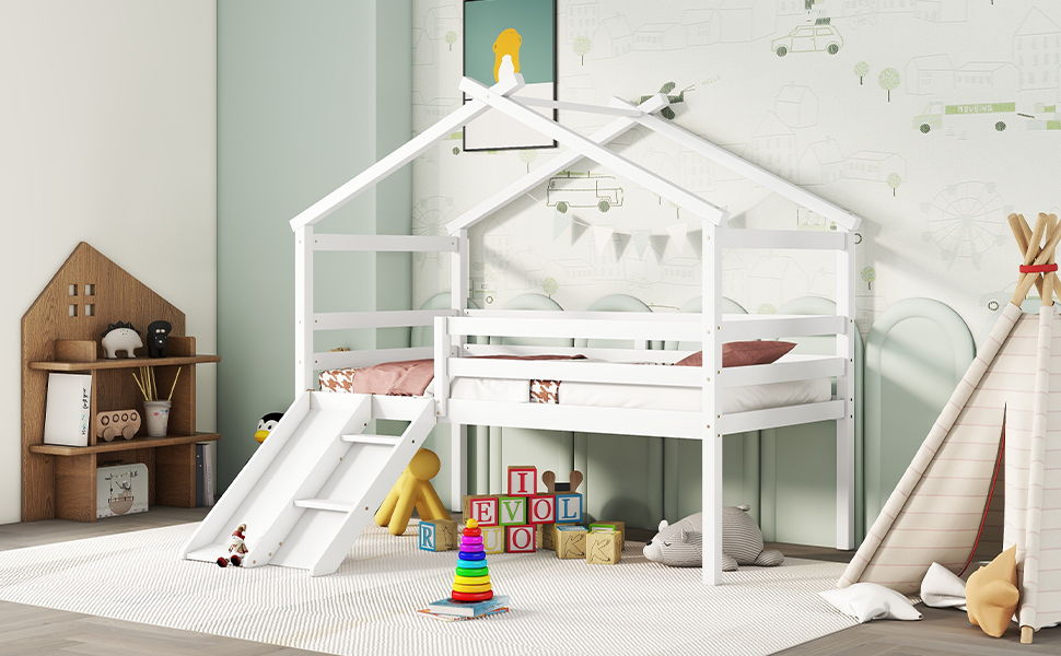 Twin Low Loft House Bed With Slide, Ladder, Safety Guardrails, House Roof Frame - White