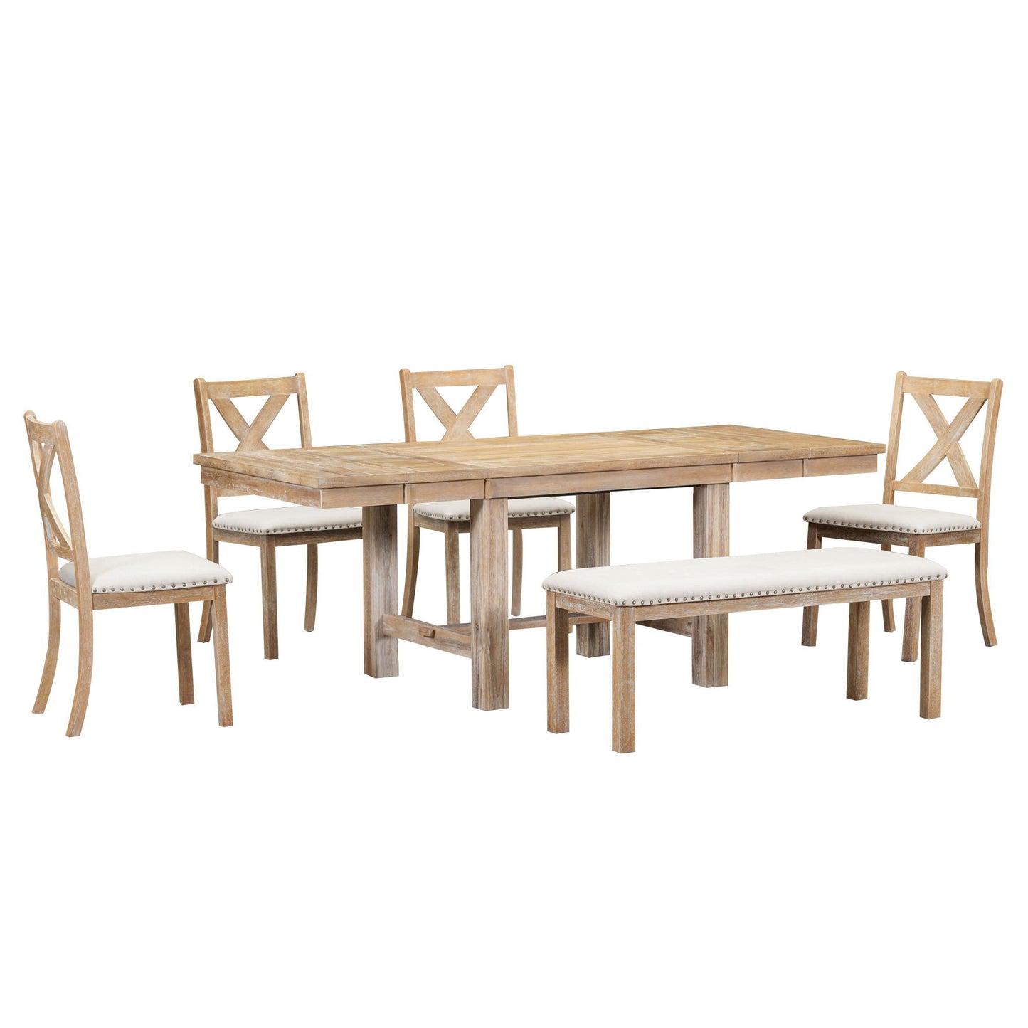 Topmax - 6 Piece Farmhouse Extendable Dining Table With Footrest, 4 Upholstered Dining Chairs And Dining Bench, Two 11" Removable Leaf - Natural / Beige
