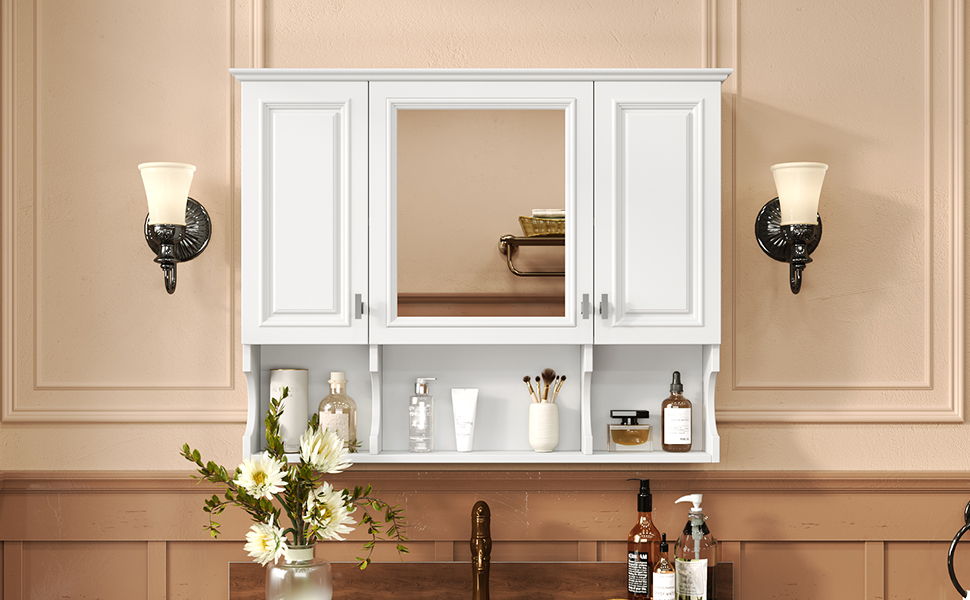Wall Mounted Bathroom Medicine Cabinet, Modern Bathroom Wall Cabinet With Mirror, Mirror Cabinet With Open Shelves - White