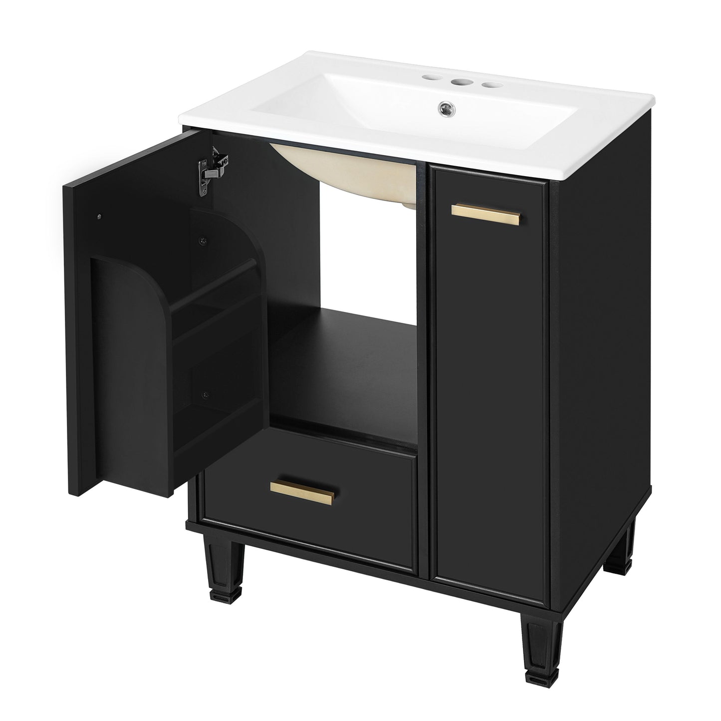 Modern Solid Wood And 24" Bathroom Vanity With Sink, Deep Drawer, Door Shelf, 2 Tier Basket - Black