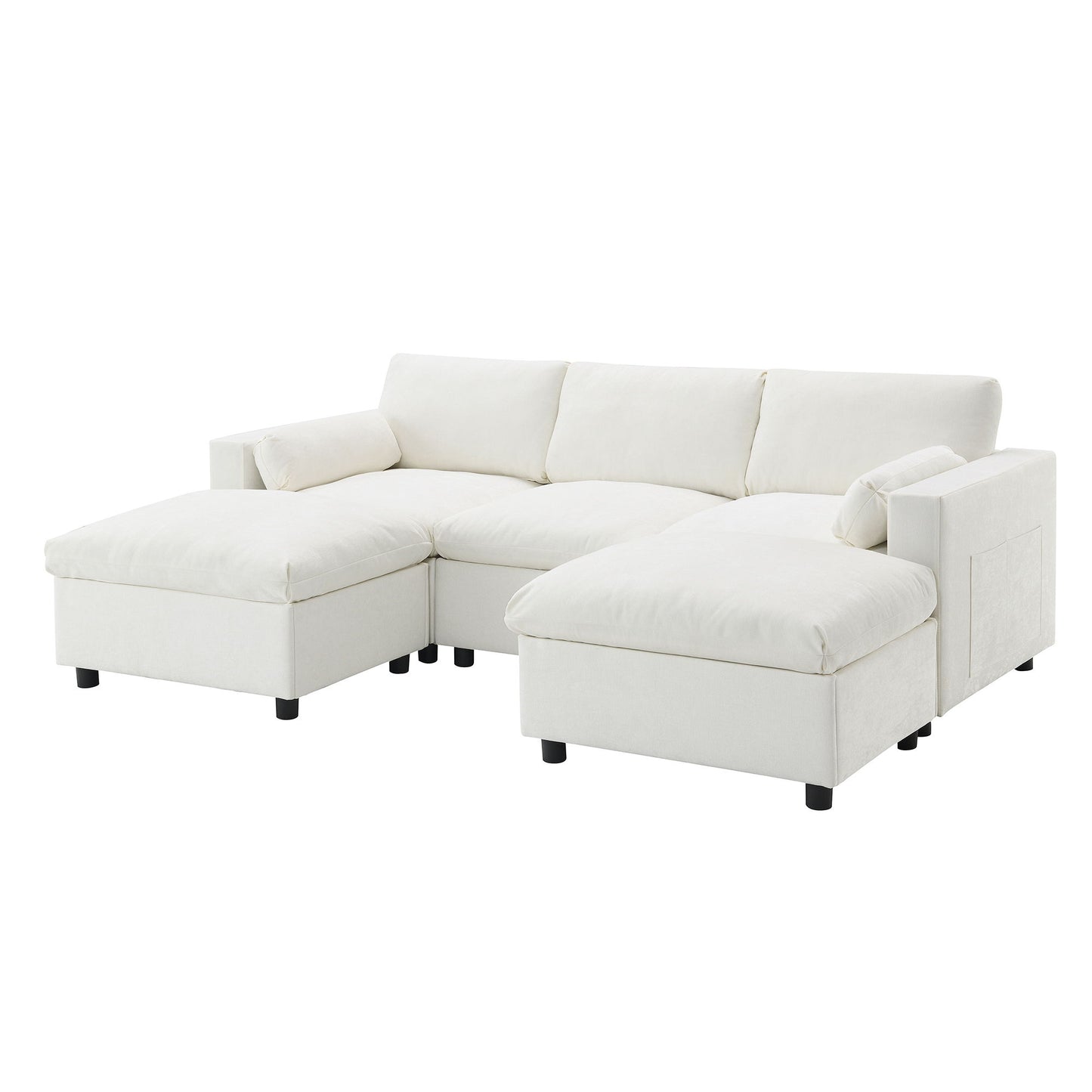 Modular Sectional With Storage Pockets, 5 Seat U Shaped Couch Set With Pillows Free Combination Modern Cloud Sofa With 2 Movable Ottoman - White