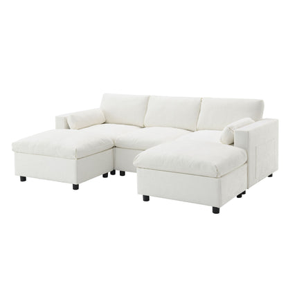 Modular Sectional With Storage Pockets, 5 Seat U Shaped Couch Set With Pillows Free Combination Modern Cloud Sofa With 2 Movable Ottoman - White
