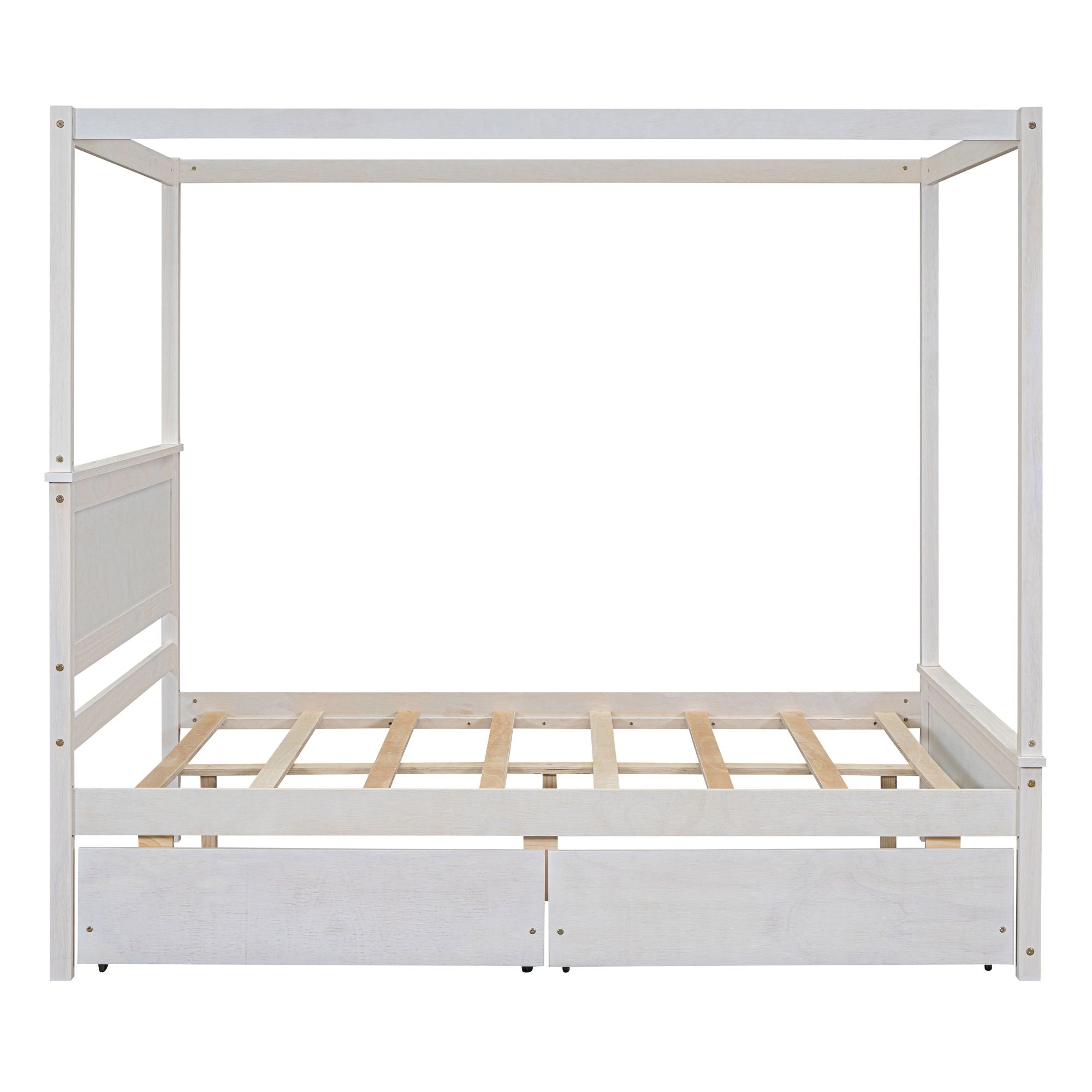 Full Size Canopy Platform Bed 2 Drawers With Support Slats, No Box Spring Needed - Brushed White