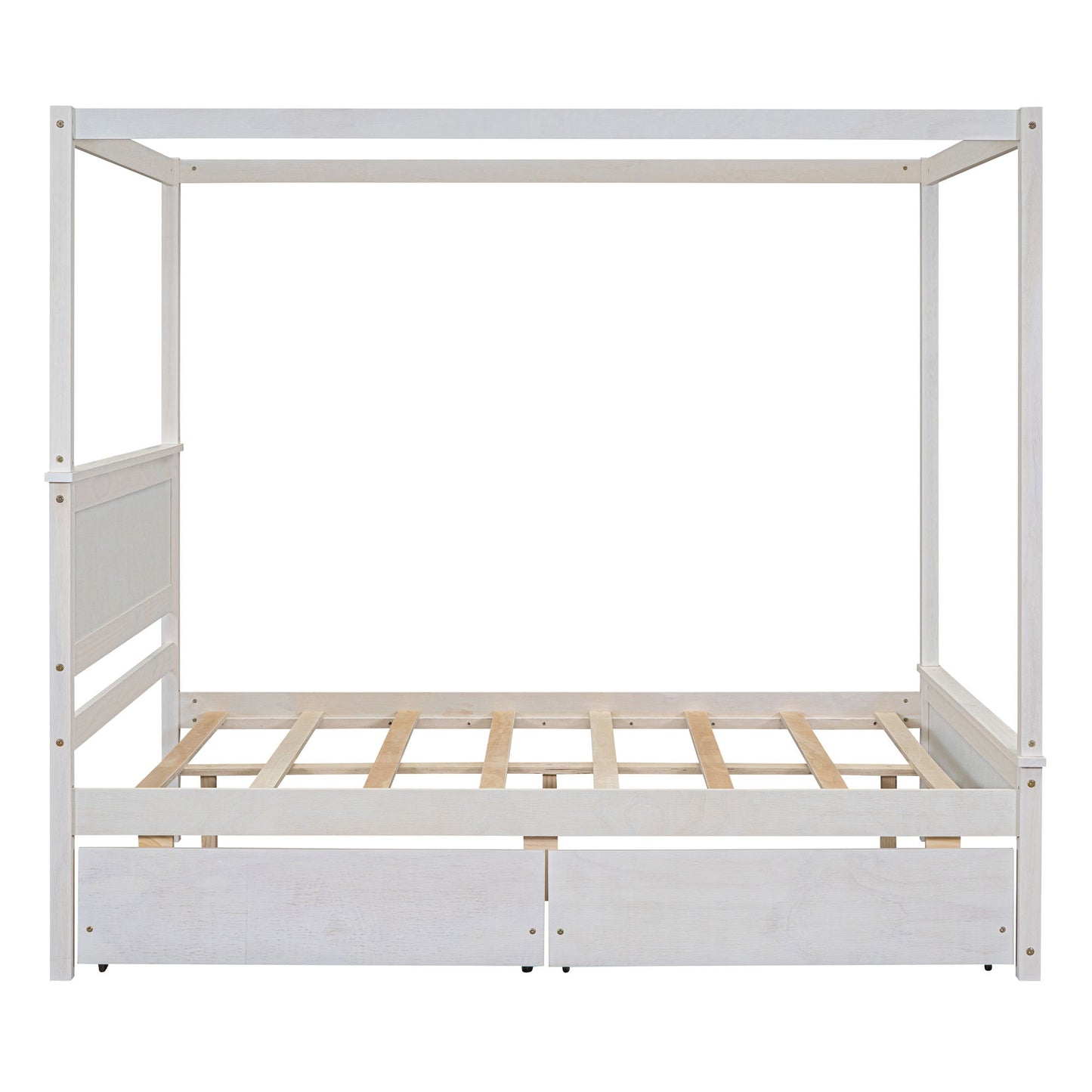 Full Size Canopy Platform Bed 2 Drawers With Support Slats, No Box Spring Needed - Brushed White