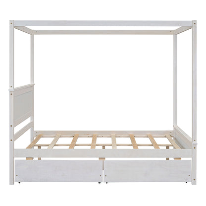 Full Size Canopy Platform Bed 2 Drawers With Support Slats, No Box Spring Needed - Brushed White