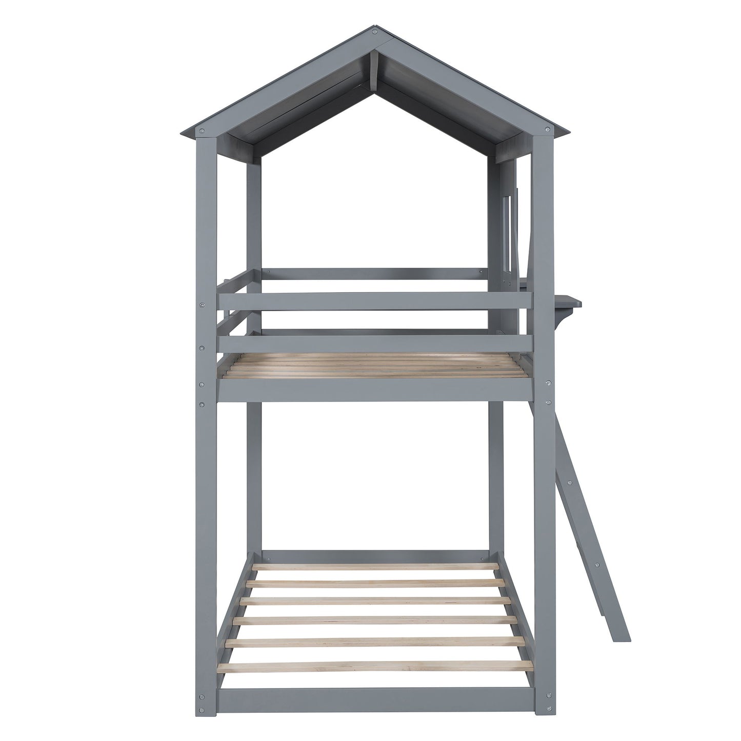 Twin Over Twin Bunk Bed With Roof, Window, Guardrail, Ladder - Gray