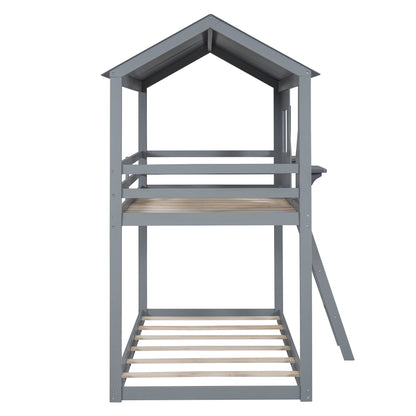 Twin Over Twin Bunk Bed With Roof, Window, Guardrail, Ladder - Gray