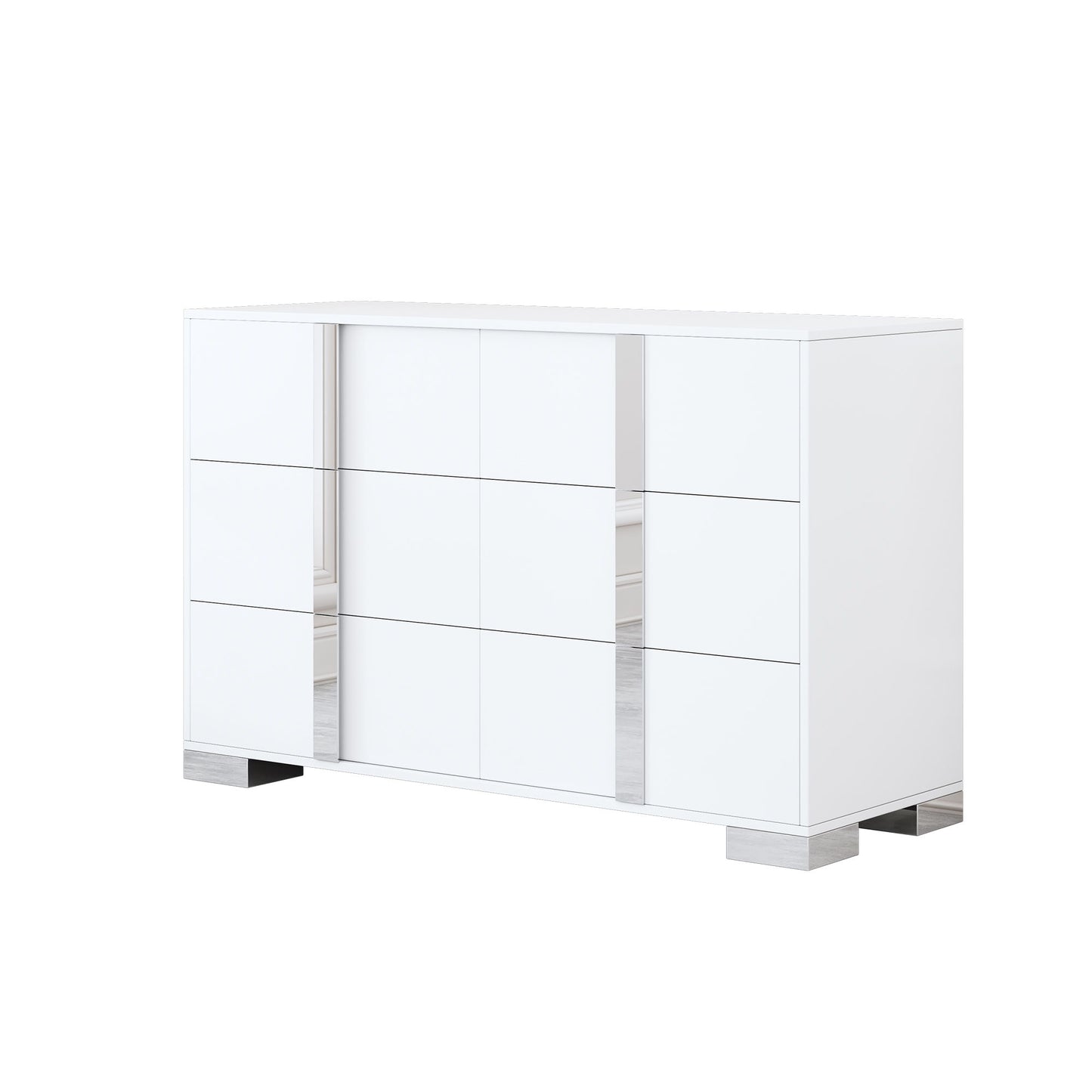 4 Piece Bedroom Sets Queen Size Upholstered Bed With LED Lights, Mirrored Nightstands And Dresser With Metal Handles And Legs - White