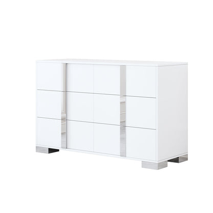 4 Piece Bedroom Sets Queen Size Upholstered Bed With LED Lights, Mirrored Nightstands And Dresser With Metal Handles And Legs - White