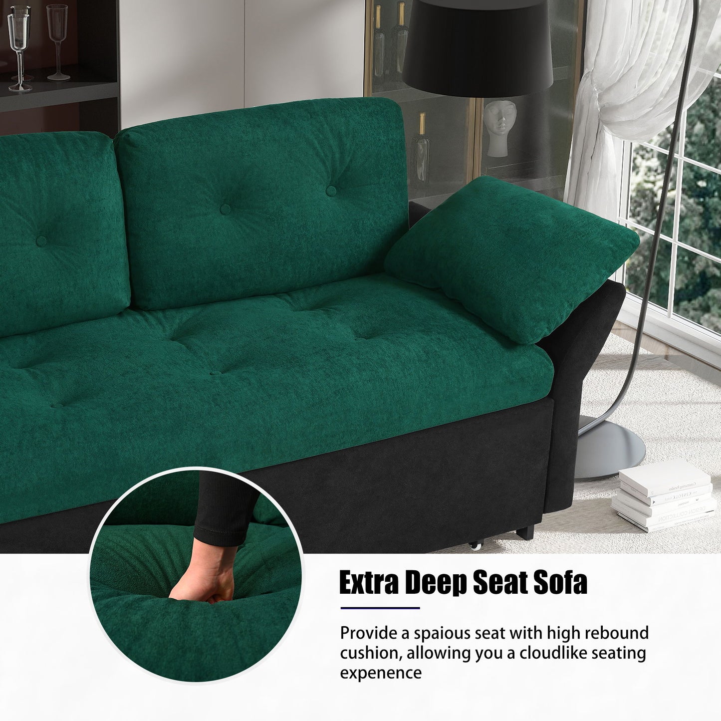Modern Convertible Sleeper Sofa Bed With Pull Out Queen Design, Side Storage & Thick Cushions Chenille Loveseat For Living Room Or Bedroom 3 In 1 Function - Green