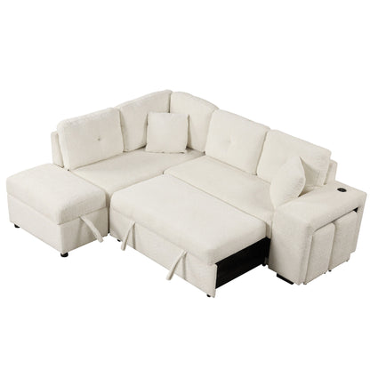 Convertible Sleeper, Sectional Pull Out Sofa Bed With Storage Ottoman, 2 Throw Pillows, 2 Stools, Wireless Charger And Two Hidden USB Ports For Living Room - Cream