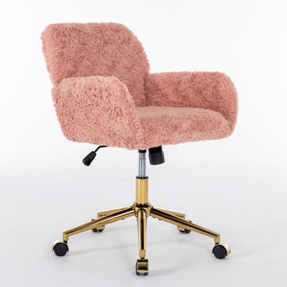 Office Chair, Artificial Rabbit Hair Home Office Chair With Golden Metal Base, Adjustable Desk Chair Swivel Office Chair, Vanity Chair - Pink