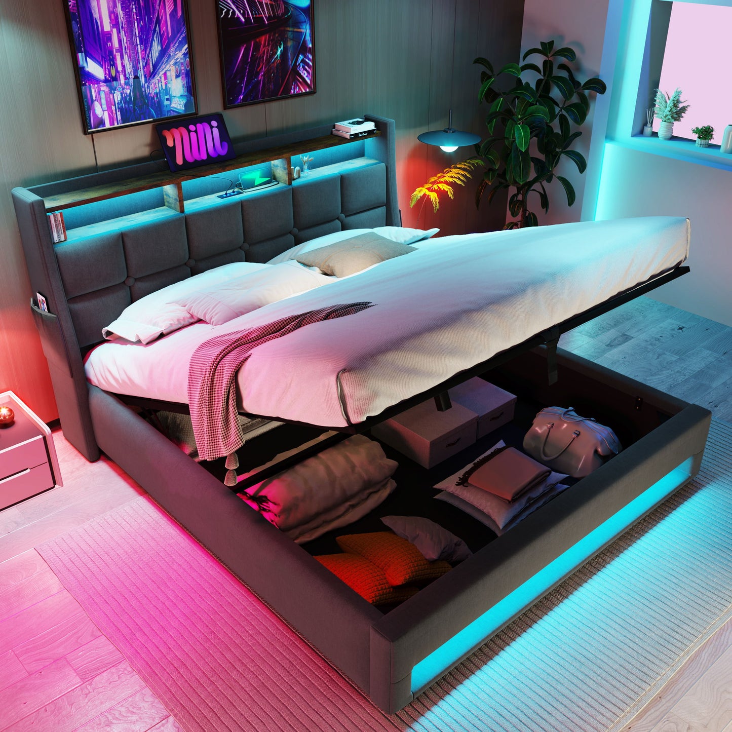 Queen Size Upholstered Platform Bed With A Hydraulic Storage System, LED And USB Charging (Without Mattress) - Gray