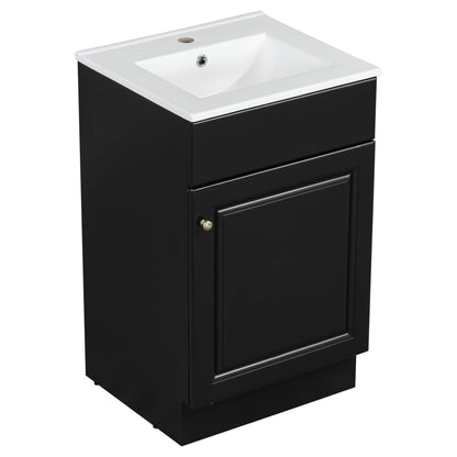 20" Bathroom Vanity With Sink, Freestanding Cabinet With Door Shelf And Adjustable Shelf, And Ceramic Construction - Black