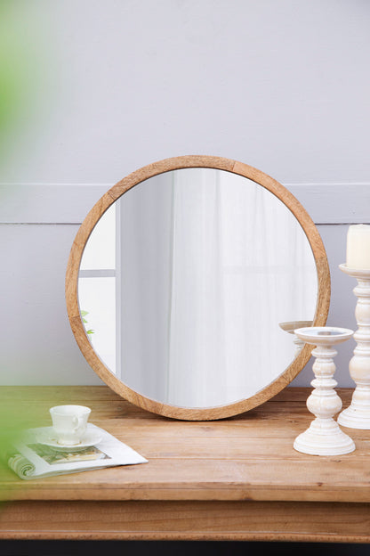 Circle Wall Mirror With Wooden Frame, Wall Mirror For Living Room - Brown