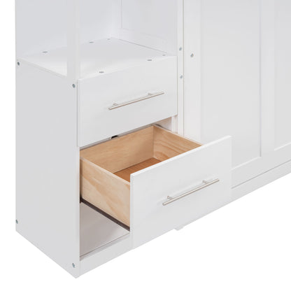 Full Size Murphy Wall Bed With Shelves, Drawers And LED Lights - White