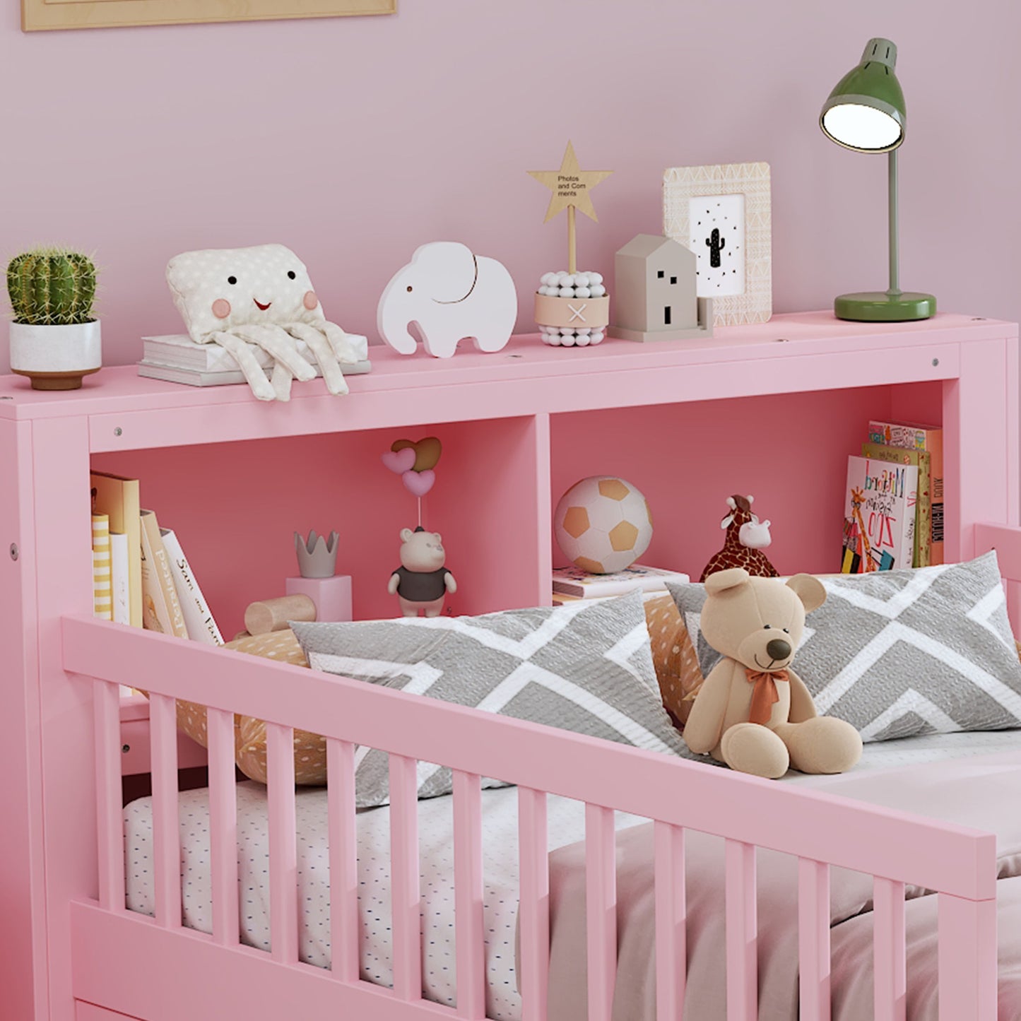 Twin Size Bed With Headboard Storage Rack, 2 Under Bed Drawers, 3 - Side Guardrails For Safety And Security - Pink