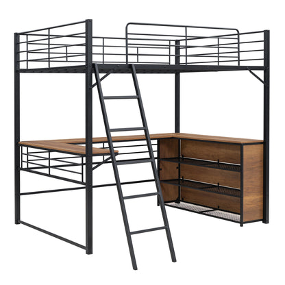 Full Size Loft Bed With 3 Layers Of Shelves And L-Shaped Desk - Black