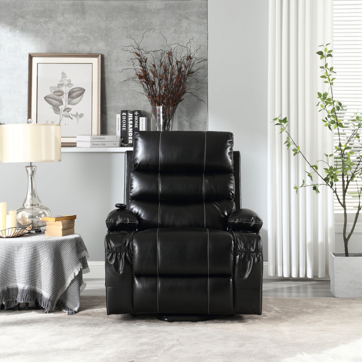 Large Size Electric Power Lift Recliner Chair Sofa, 8 Point Vibration Massage And Lumber Heat, Remote Control, Side Pockets And Cup Holders - Black