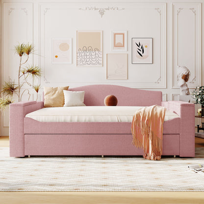 Full Size Upholstered Daybed With Storage Armrests, Trundle And Latest Integrated Bluetooth Audio System, Teddy Fleece - Pink
