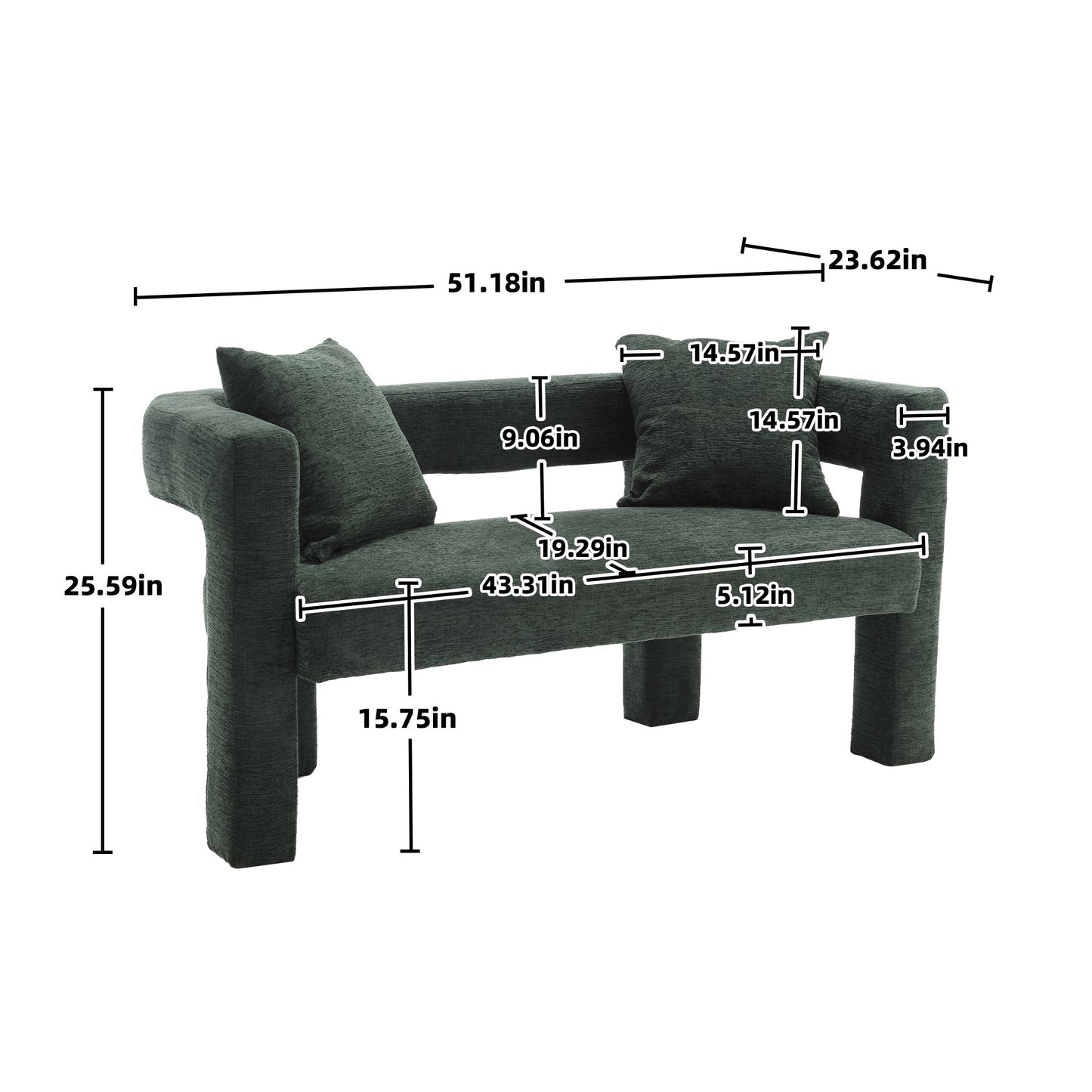 Modern Loveseat Sofa, Comfy Upholstered 2 Seater - Emerald