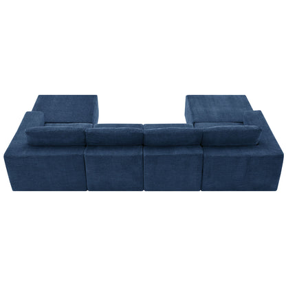 Modular U Shaped Sectional With Ottomans, Luxury Cloud Floor Couch With Deep Seat Fully Compressed Upholstered Sofa - Navy